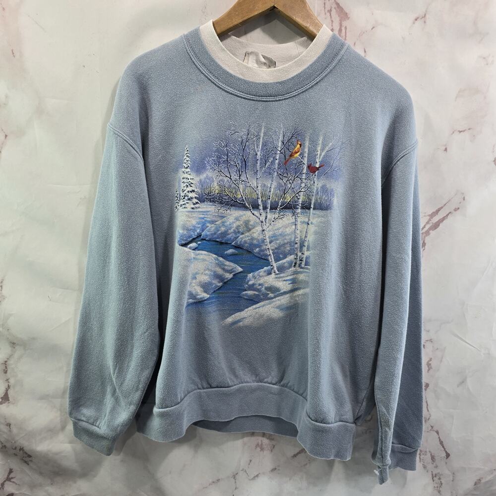 Vintage Sweatshirt Womens Large XL 90s Snow Birds Winter Holiday Cardinal River